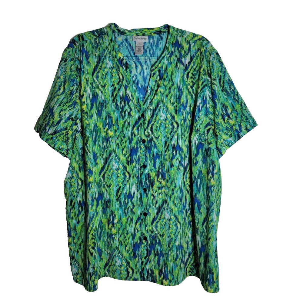 Catherines Green Top Plus SIze 2X 22/24W Short Sleeve Button Front Lightweight